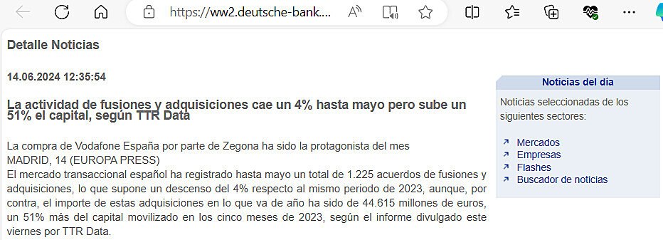 La actividad de fusiones y adquisiciones cae un 4% hasta mayo pero sube un 51% el capital, segn TTR Data